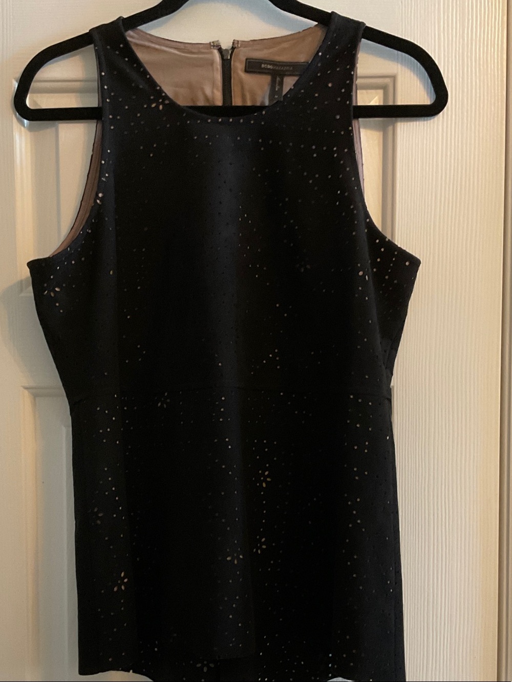 BCBG Sleeveless Black Velvet TOP with Subtle CUTOUT Dots